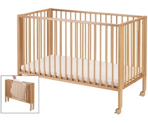 Lit d'enfant pliable TISSI en hêtre, réglable en hauteur, pliable avec matelas pour crèche et hôtel