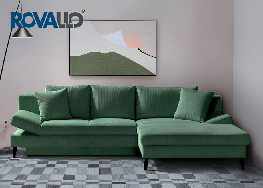 ROVALLO® Canapé-lit d'angle ANNIKA avec fonction de couchage transversal et ottomane - Lit double avec grand coffre de rangement