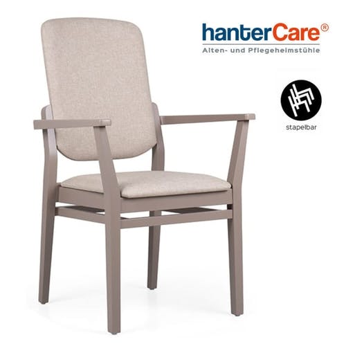 Chaise à accoudoirs empilable pour seniors INES HIGH EMP CB en bois de hêtre avec dossier haut pour établissements de soins