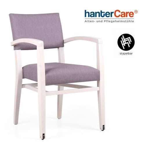 Chaise à accoudoirs empilable pour seniors VOIP EMP TP CB RD001 avec rembourrage résistant et roulettes sur deux pieds de chaise