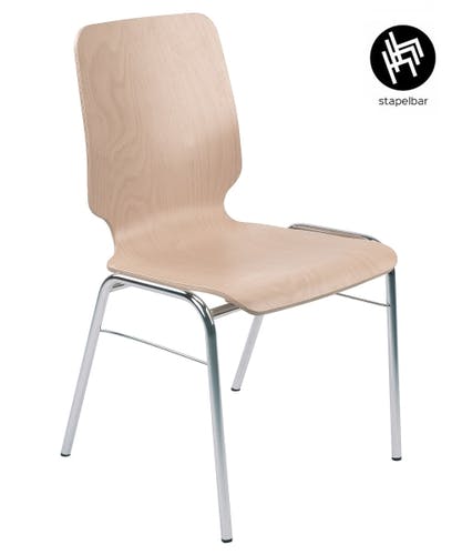Chaise de conférence WING 1 avec assise en bois en contreplaqué de hêtre à 8 couches et tube rond en acier - empilable et gain de place